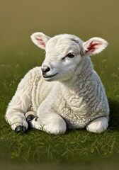 Fototapeta premium White Lamb Lying on Grass