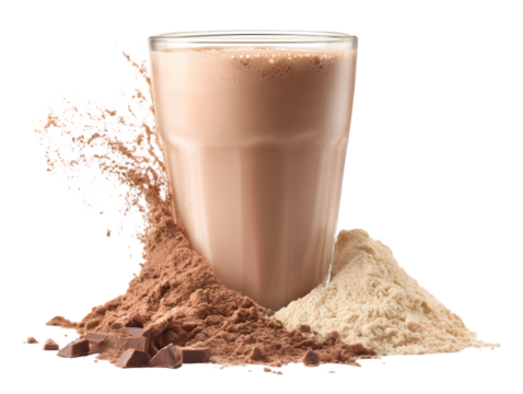 Chocolate protein shake preparation: A visually striking image showcasing the making of a chocolate protein shake. Featuring a glass brimming with the finished drink.