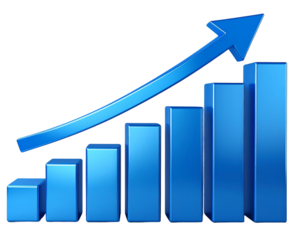 Financial Growth 3D Bar Chart in Blue with Upward Arrow, isolated on transparent background PNG
