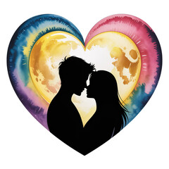 Romantic couple silhouette in a heart with vibrant watercolor moon backdrop