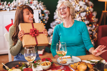 Parents surprising daughter with Christmas present while having Christmas dinner at home