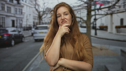 Woman wearing brown top touches chin with hand and crosses arms on street; doubt introspection...