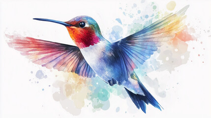 Fototapeta premium Colorful hummingbird flying against a vibrant watercolor background 