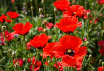 Fototapeta premium Vibrant red oriental poppy blossoms in a lush garden, spring, nature