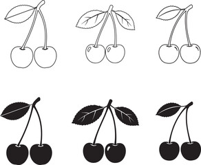Six hand drawn cherry illustrations showing outline and silhouette variations