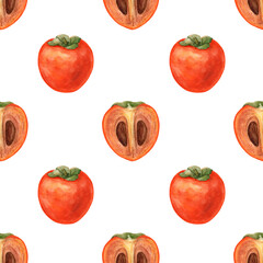 Watercolor persimmon, seamless pattern on white background. Hand drawn fruit illustration.