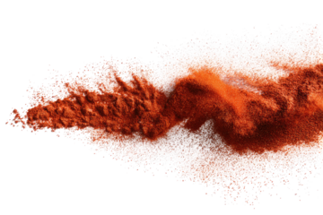 Abstract, textured, streaked design.  A swath of orange-brown, resembling a plume or trail,  is layered over a field of tiny, white dots