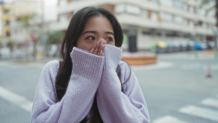 Woman outdoors surprised street urban city expression emotion sweater asian pedestrian shock