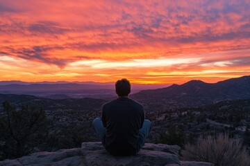 Obraz premium A person sits in contemplation, gazing at a breathtaking sunset over a mountain range, bathed in vibrant colors.