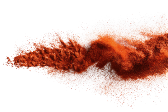 Abstract, textured, streaked design.  A swath of orange-brown, resembling a plume or trail,  is layered over a field of tiny, white dots