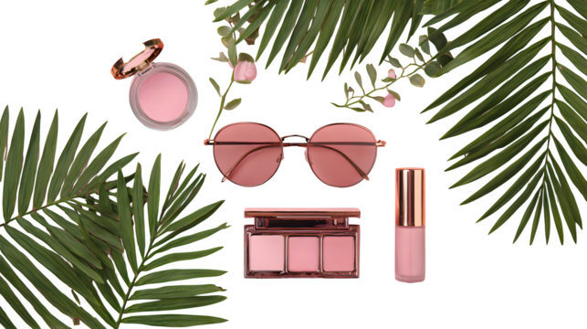 Rose Gold Cosmetics with Tropical Leaves, isolated on transparent background - Powered by Adobe