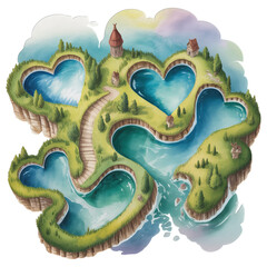 Whimsical heart-shaped island with serene water and charming cottages