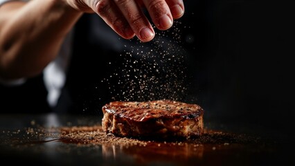 Chef adding seasoning to grilled steak in professional kitchen