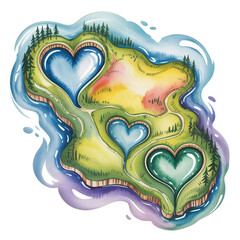 Heart-shaped island with vibrant watercolor landscape perfect for love & nature