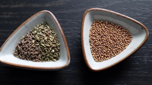 Assorted Culinary Spices: Cumin, Fennel, and Coriander Seeds in Bowls on Dark Table