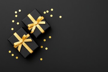 Two black gift boxes with golden ribbon and scattered gold confetti on a dark background