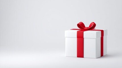 Obraz premium A white gift box with a red ribbon and bow sits on a white surface present