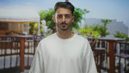 Man in white t shirt points hands to chest and raises eyebrows on a sunny terrace by wooden...