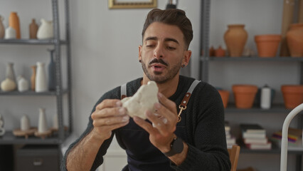 Man shapes a fresh clay pot with hands and pinches edges with fingers in a bright studio setting; creative dedication.