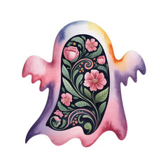 Whimsical watercolor ghost with floral design for spooky, elegant projects