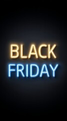 Obraz premium Yellow and blue neon lights spell out BLACK FRIDAY against a dark background