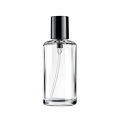 Elegant Transparent Spray Perfume Bottle with Black Cap on White Background