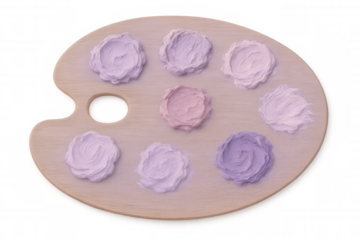 Wooden palette showcasing purple paint gradients, 3d rendered design element for creative visual projects