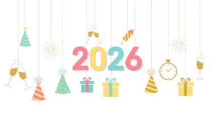 Welcome 2026 – Pastel Celebration with Party Hats, Champagne, and Fireworks
