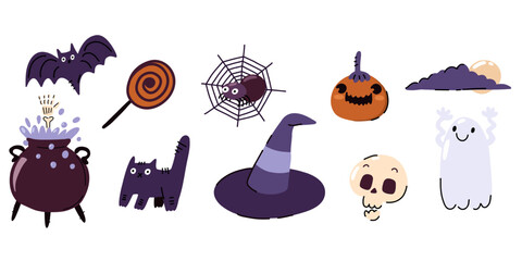 Halloween cartoon elements, ghost, bat, spider web, pumpkin, bone, cat, cauldron, witch hat. October holiday decorations, spirit characters. Kids flat vector illustration isolated on white.