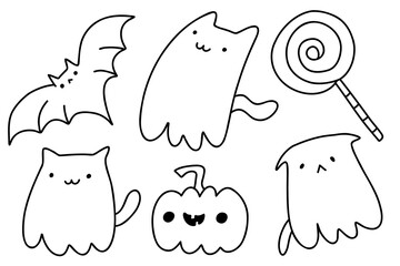 Halloween cat ghost in cute kawaii sketch style. Doodle little ghost, bat, pumpkin, candy. Funny smiling ghosts set, spirit and sweets isolated on white background. Trick or treat stock cartoon image.