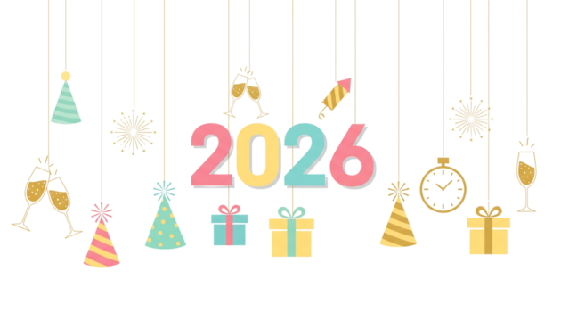 Welcome 2026 – Pastel Celebration with Party Hats, Champagne, and Fireworks