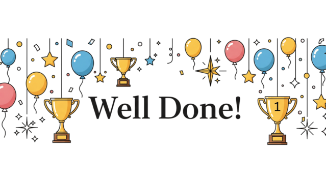 Well Done – Celebration with Balloons, Stars, and Golden Trophies - Powered by Adobe