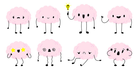 Happy sad tired burnout depression brain cartoon character. Brain with low charge, depression, burnout, lack energy and power with high energy. Stock vector illustration isolated on white background.