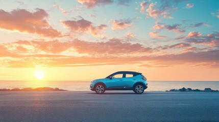 A light teal-colored SUV sits on a paved coastal road at sunset, bathed in warm, golden hues.