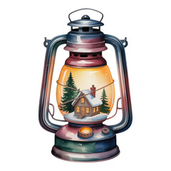 Cozy winter cabin scene glowing inside vintage lantern, holiday warmth concept