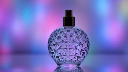 A faceted glass perfume bottle against a vibrant, blurred background of purple and blue hues - Powered by Adobe