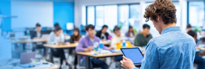 A student stands at the front of a classroom, using a tablet to present to an attentive group of classmates in a contemporary space filled with natural light.