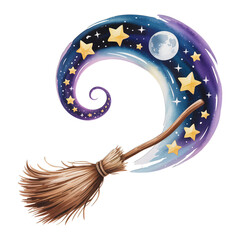 Magical watercolor night sky with stars and moon on a whimsical broom ride