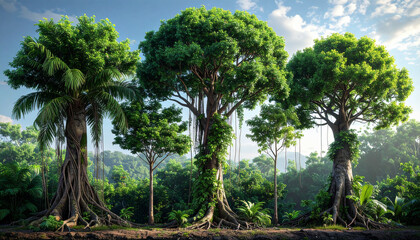 Three majestic ancient trees with sprawling roots stand tall in a lush, vibrant tropical jungle environment