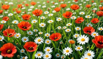 Field of vibrant red poppies and white daisies on a sunny day