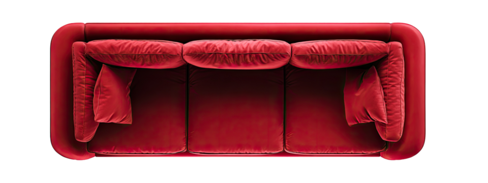 Top-down view of a vibrant red velvet three-seater sofa
