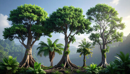 Lush panorama of a primeval forest with giant trees, exposed roots, and dense jungle foliage in sunlight