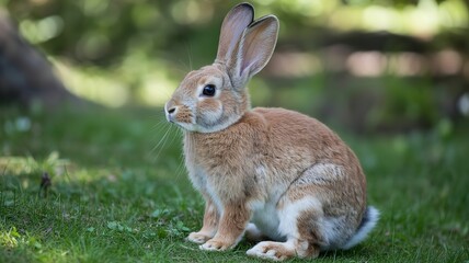 A light brown rabbit sitting upright on green grass in a natural outdoor setting with blurred background
