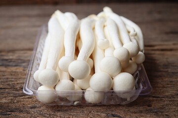 Fresh white shimeji mushrooms in tray