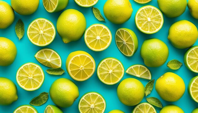 Vibrant seamless pattern of limes on a bright blue background , asset, backdrop - Powered by Adobe