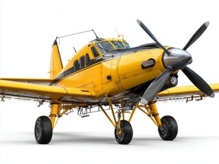 A vibrant yellow agricultural airplane stands out against a stark white background, showcasing its detailed design and equipment.