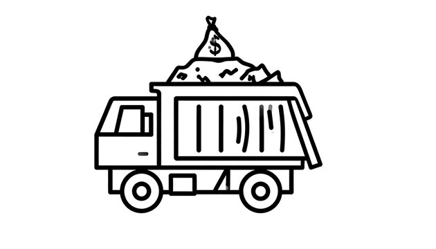 A black outline drawing of a garbage truck filled with trash and a money bag on top