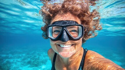 Naklejka premium Smiling woman snorkeling underwater in tropical sea