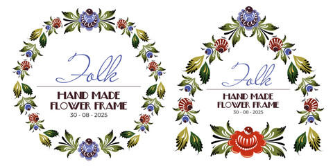 Vector set of flower frames for text and notes. Compositions from elements of Gorodets painting, flowers and berries. Folk art illustration for decoration