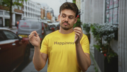Fototapeta premium Man wearing a yellow t shirt reading happiness with hands clasped, standing by parked vans and sidewalk planters on a street with cars; skepticism.